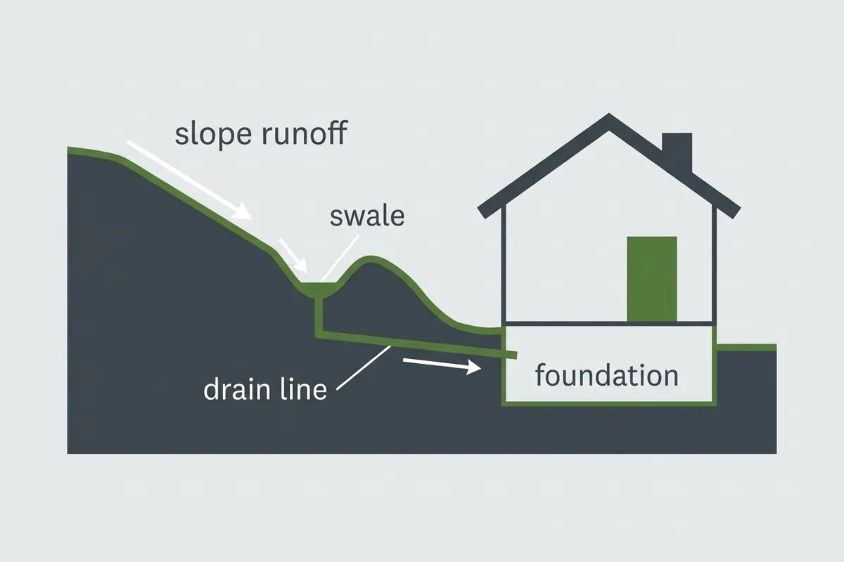 Cutaway diagram: slope runoff intercepted uphill of a Ridge-and-Valley foundation