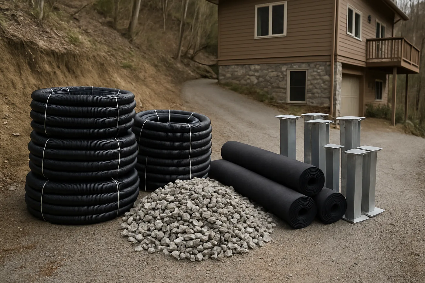 Pier sections and slope drainage materials staged at a hillside Chattanooga home